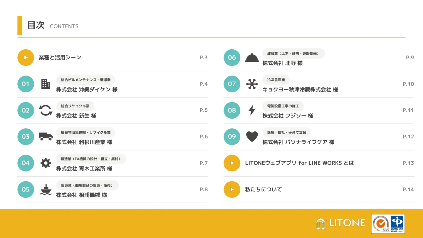 導入事例集の目次（9社の業種一覧）